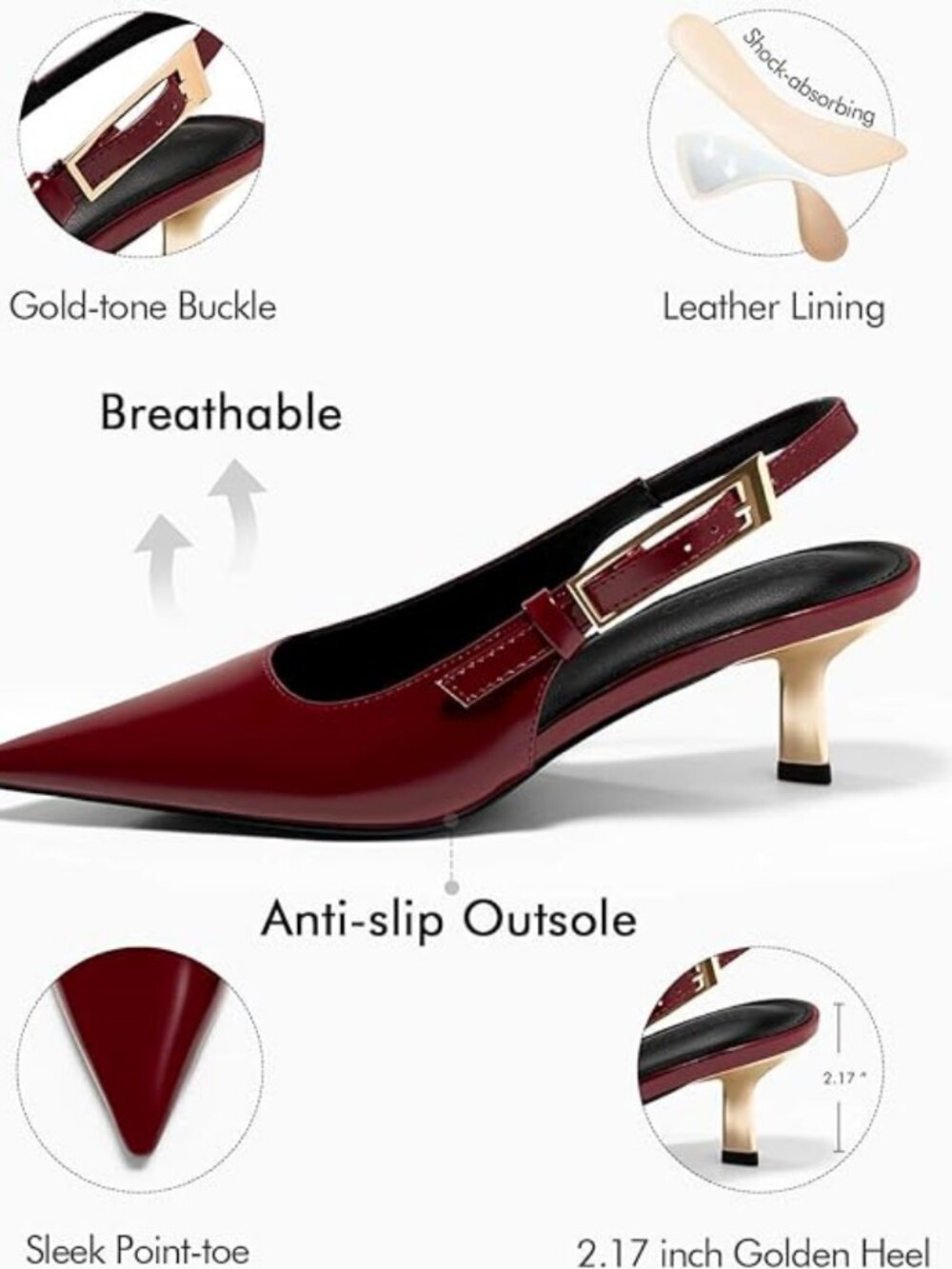 Women’s Slingback Kitten Heels – Closed Pointed Toe Buckle Strap Pumps Wedding - Picture 5 of 6